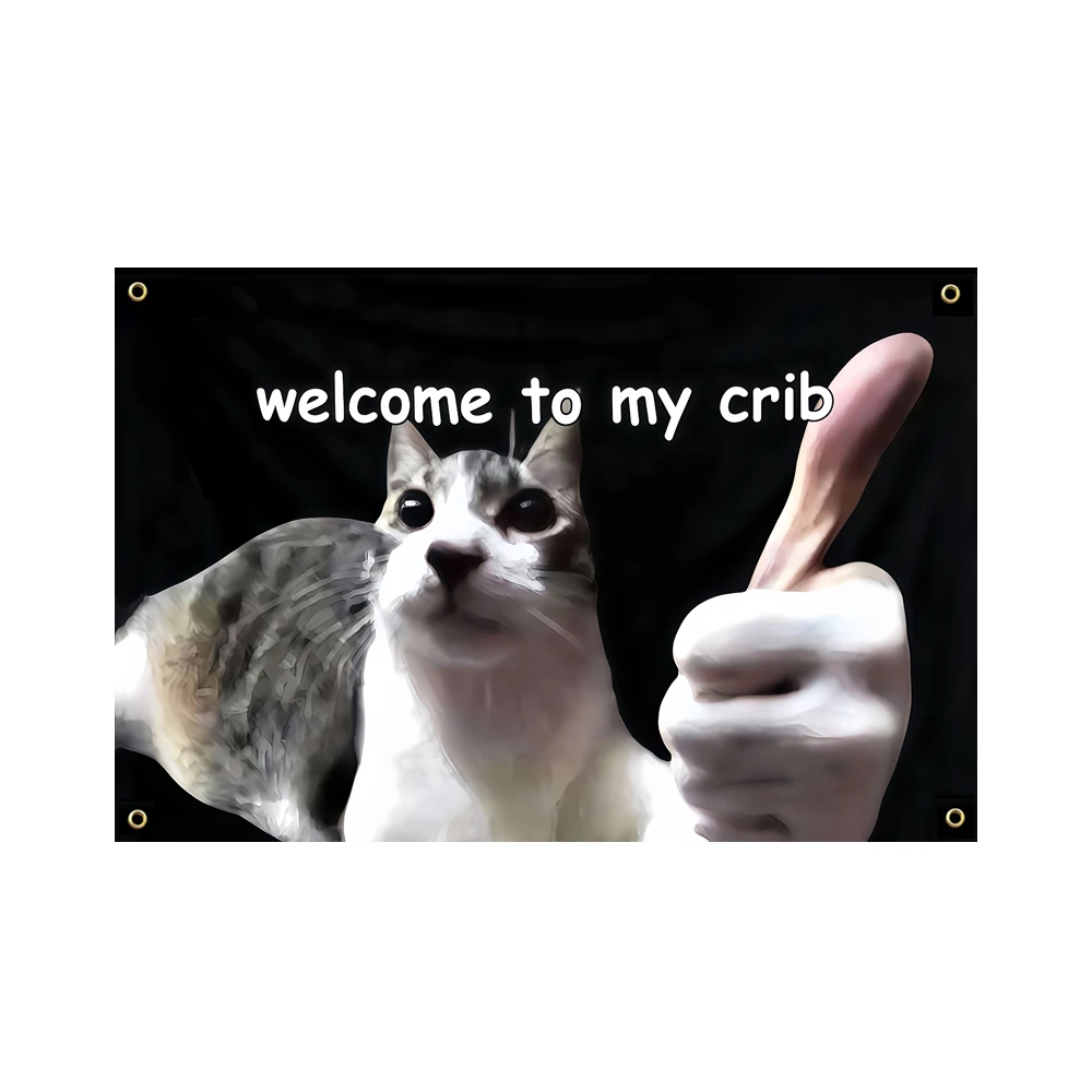 Tapeçaria engraçada de meme de gato, bem-vindo ao meu berço, suspensão de parede, decoração gen-z desgastada, tapeçaria estética de arte de dormitório universitário estranho