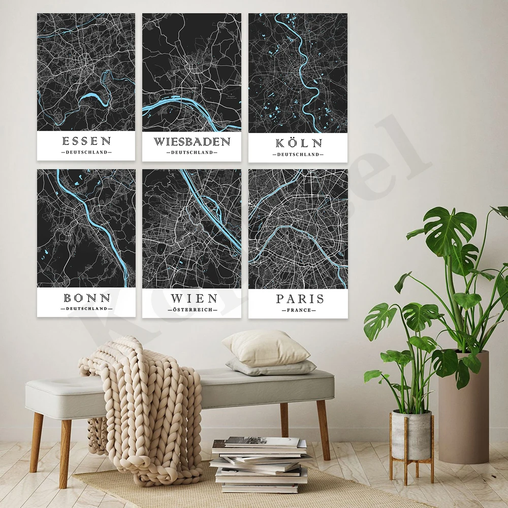 مونيستر باريس فيينا بون نورمبرج كولونيا كارلسروهي هانوفر أوغسبورغ ويسبادين إيسن. خريطة المدينة. ملصق فني لتزيين جدران المنزل
