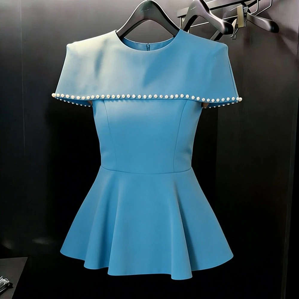 

Beautiful, fashionable, age-reducing top, light luxury and high-end blue cloak, waist-pinched shirt, women's summer