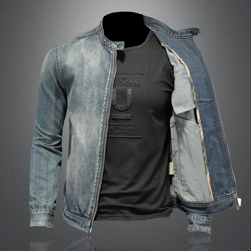 Slim-fit Men's Denim Jacket Stand-up Collar Zipper Harley Motorcycle Denim Jacket European and American Fashion Jacket