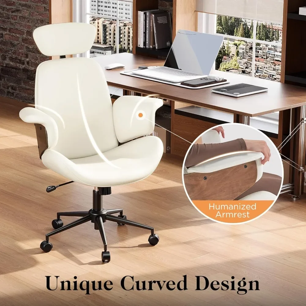 Bentwood Home Office Desk Chair Set of 2, Curved Armrests, Leather Upholstery Swivel Chair with Wheels, Ergonomic Computer Desk