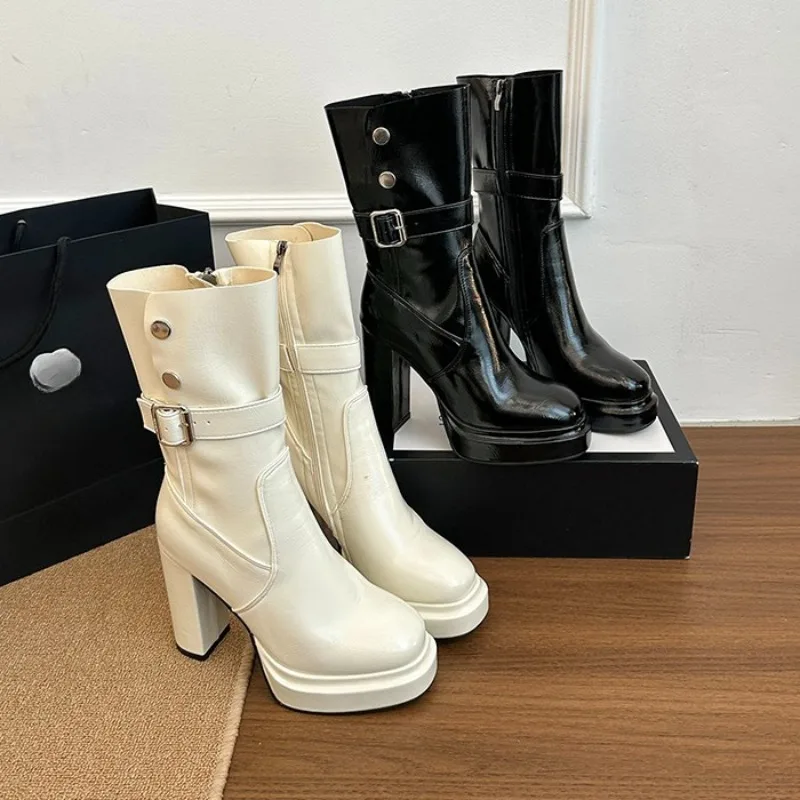 

Женские новые осенне-зимние универсальные тонкие ботинки средней длины на французской платформе с пряжкой в стиле ретро