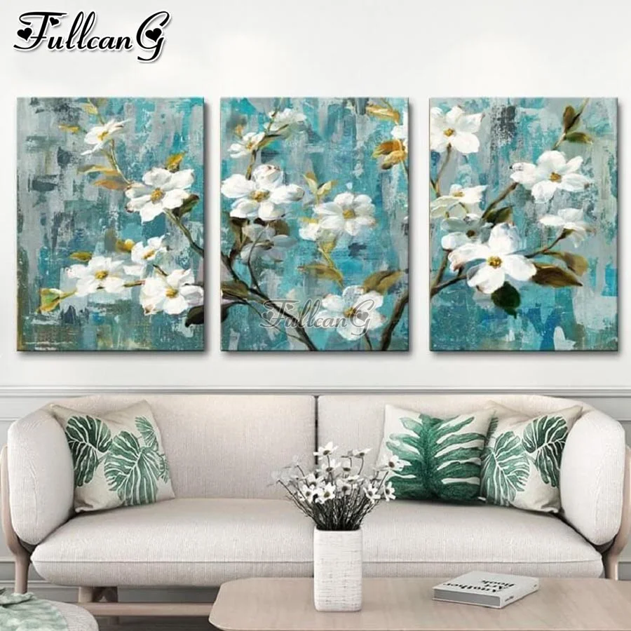 abstract white flower diamond painting triptych diy full square round drill 5d mosaic embroidery sale picture home decor AA3446