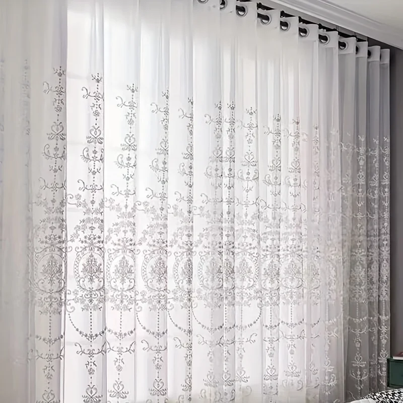 1pc White Embroidered Sheer Curtain European Baroque Floral Pattern Voile Light Filtering Drapes for Living Room Bedroom Home