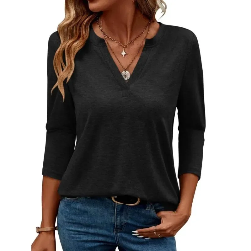 

Plus Size 1XL-6XL New Women Fashion Blouse Loose Fit V Neck 3/4 Sleeve T Shirts Ladies Casual Loose Solid Color T-shirt