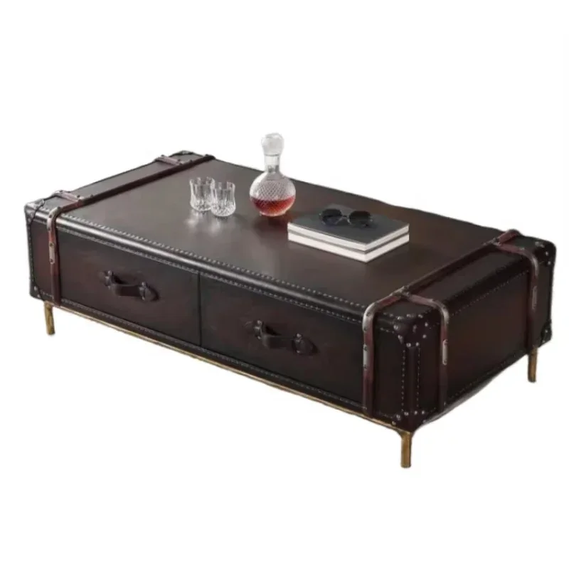 Modern luxury leather coffee table metal brass living room center table