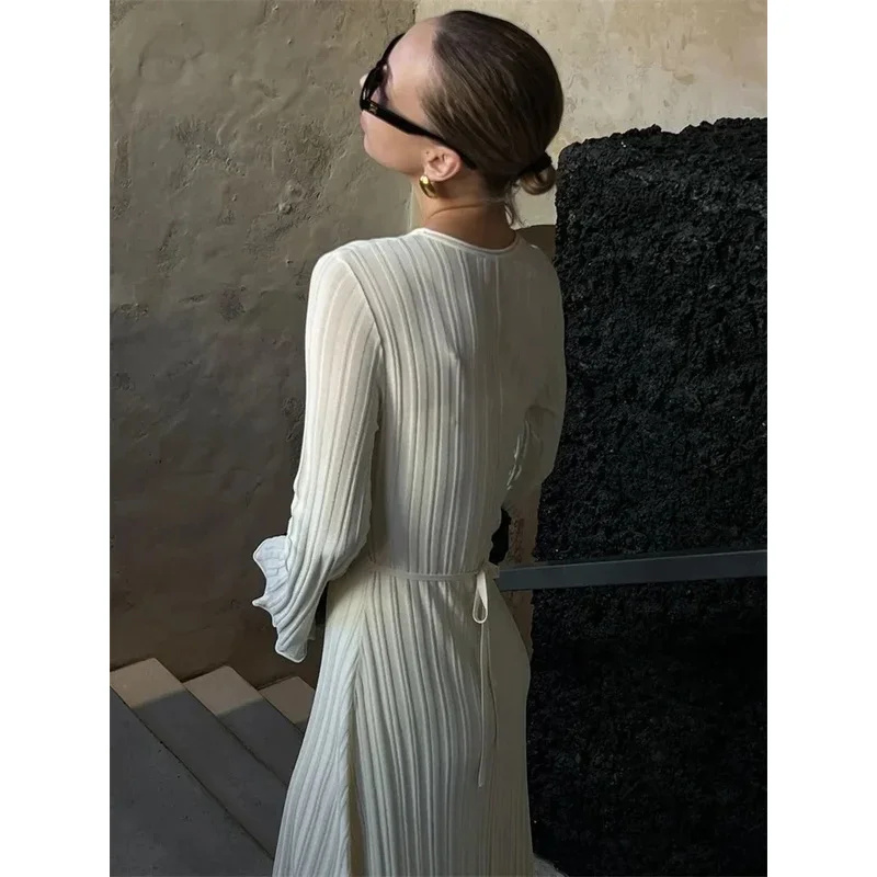 JINIA Knitwear Fashion Loose Maxi Dress Women Lace-Up High Waist Ribbed Long Sleeve Party Dress Female Knit Bandage Long Dress