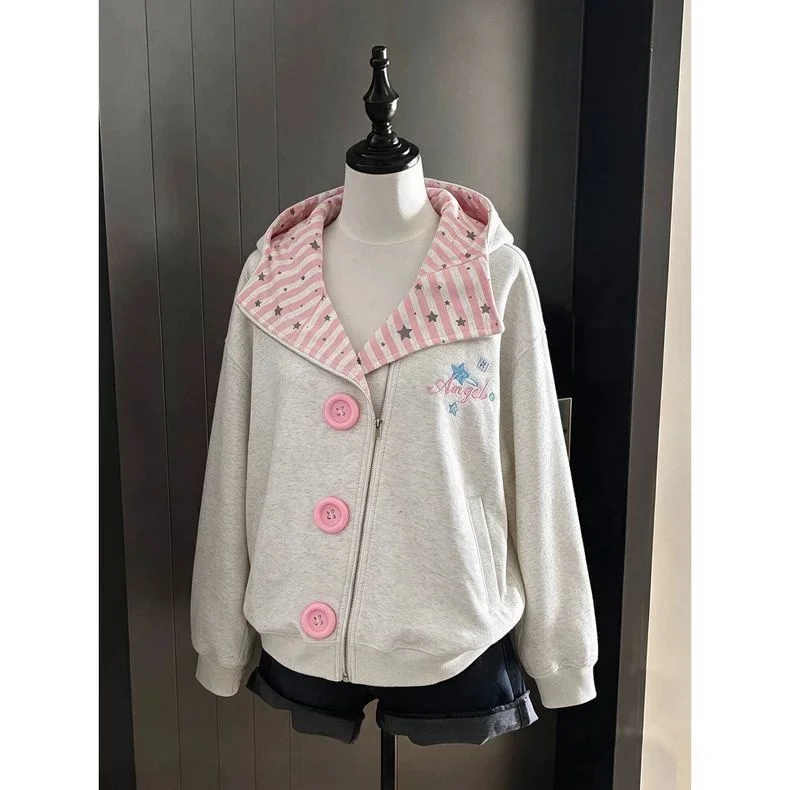 Y2K Sweatshirt Jacket Women's Large Button Striped Star Collar Autumn Winter Design Sense Open Cardigan Top Cultural Subgroup