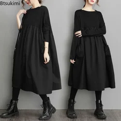 2026 Women's Vintage Patchwork Dress Simplicity Loose Solid O-neck High Waist Pleated Casual Dress for Women Vestidos Oversized