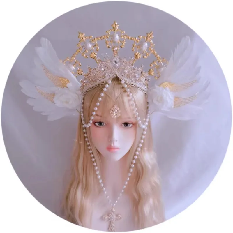 White Angel Wing Goddess Halo Crown Headband Women Gothic Hair Hoop Lolita Cosplay Hair Accessory Halloween Masquerade Headwear