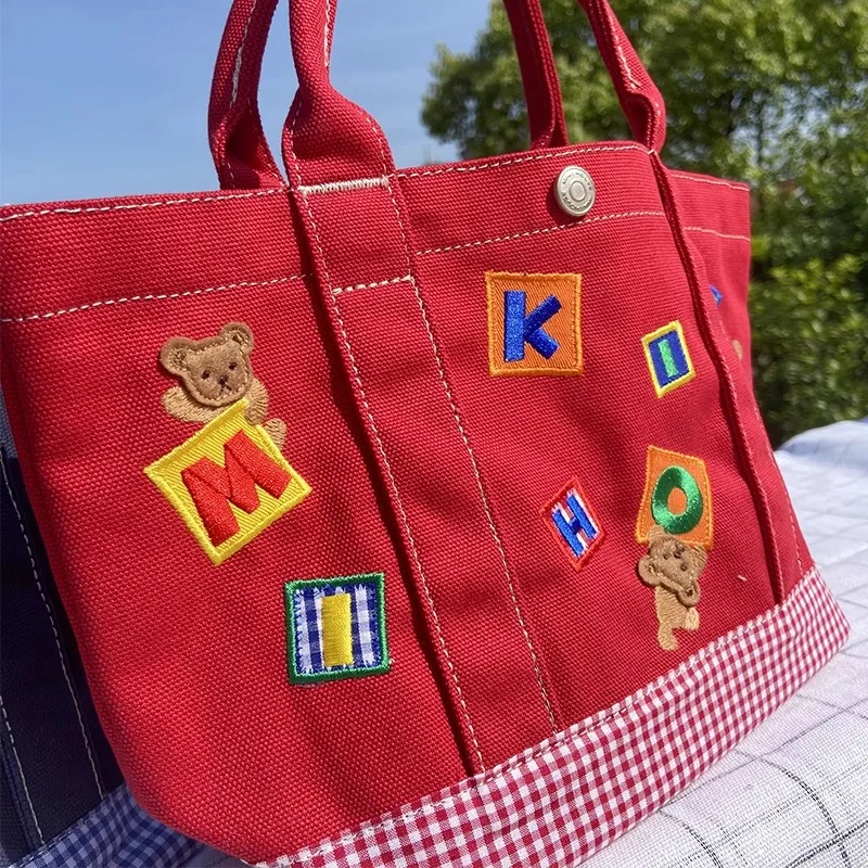 Handbag Cartoon Plaid Bear Embroidered Canvas Lightweight Large Capacity 34*21*21cm Bento Bag