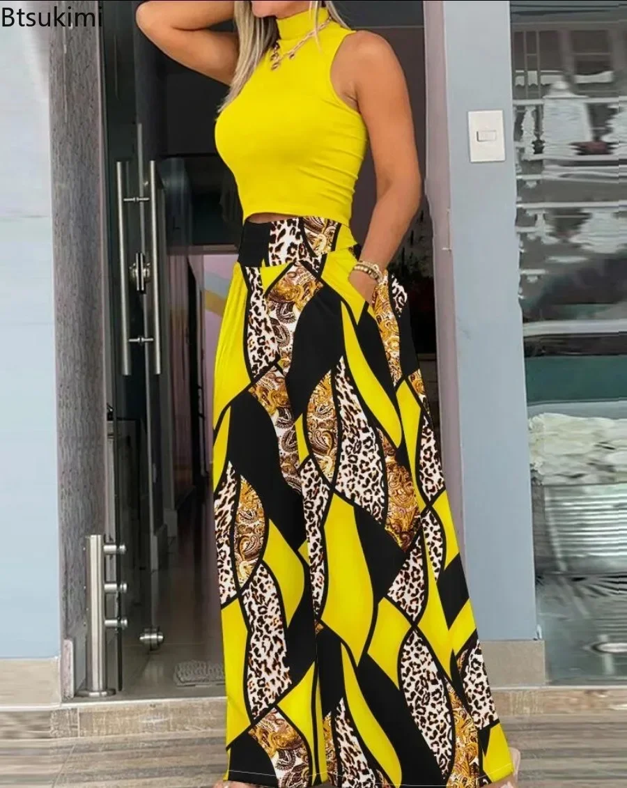 2026 Women's Summer Two Piece Pants Sets Sexy Stand Neck Sleeveless Solid Short Tops & Print Wide Leg Pants Sets Female Outfits