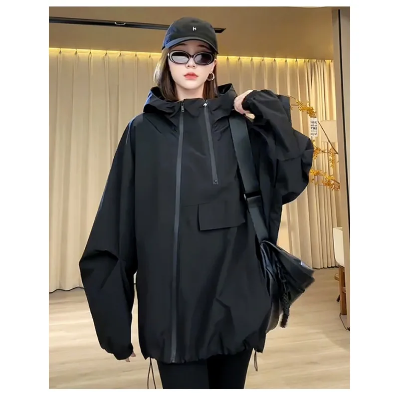 

Fashionable Loose Leisure Hooded Solid Color Women Spring Autumn 2026 New Loose Casual Women Windbreaker Jacket