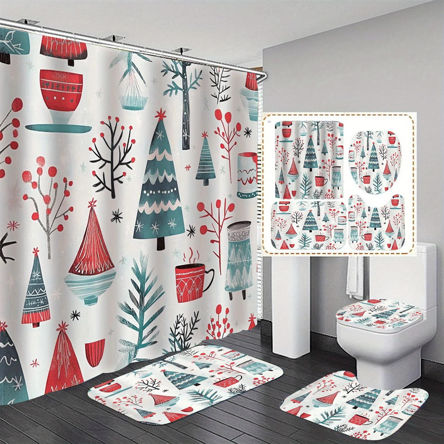 

4pcs Ice And Snow Tree Shower Curtain Set, Decorative Bathroom Set Includes Printed Shower Curtain, Non-Slip Floor Mat, Toilet