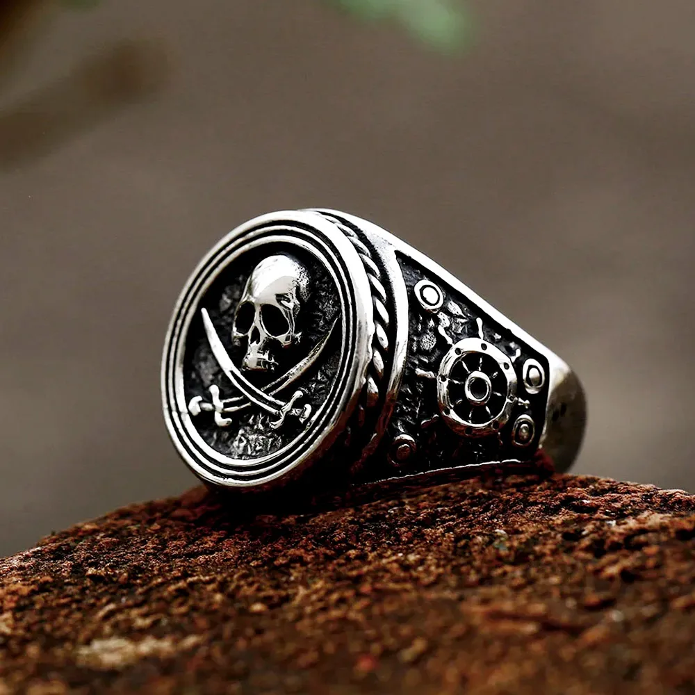 Retro Punk Gothic Nautical Pirate Skull Stainless Steel Ring Ship Wheel Nautical Ring For Male Motorcycle Party Fashion Jewelry