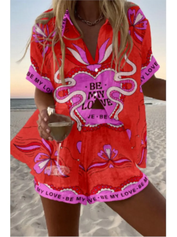 Fashion Casual Printed Two Piece Set Women Summer Comfort Holiday Color Colorful Button Short Sleeves Shirts And Shorts 2 Sets