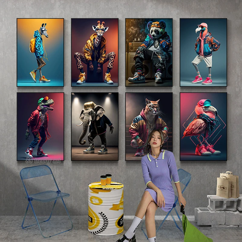 Hip Hip Funny Animals Elephant Giraffe Dancer Posters and Prints Fashion Canvas Painting Cool Zoo Dancers Mural Bar Home Decor