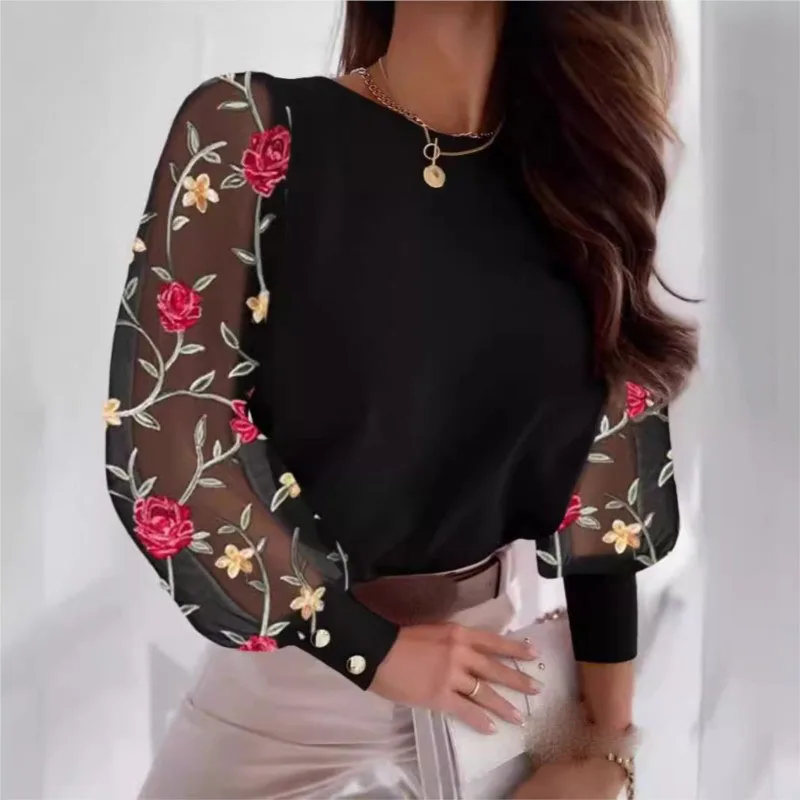 Fashion Women's Blouse Spring Fall Casual Simple O-Neck Red Lace Floral Sheer Mesh Patchwork Top Shirts Women Pullover Clothing