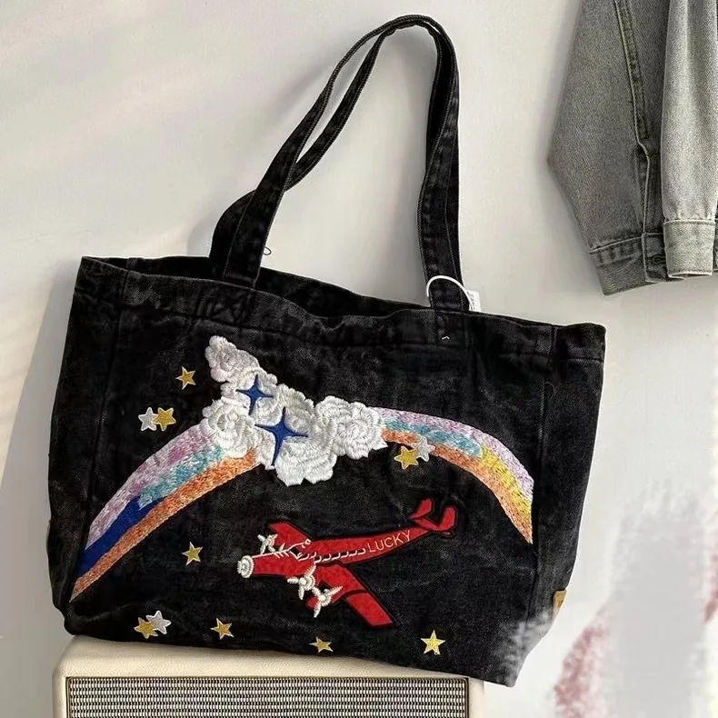 Tote Bags For Women 2024 New Casual Denim Bags Cartoon Embroidery Female Shoulder Bag Pack Travel Zipper Handbag