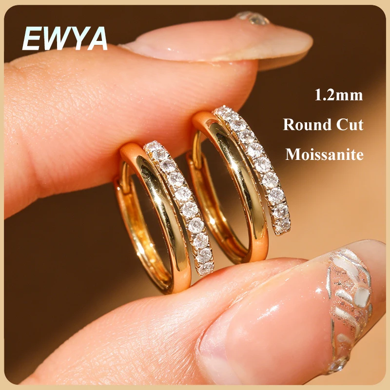 

EWYA Micro Full 1.2mm Moissanite Hoop Earrings Two Row for Women S925 Silver Plated 18k All Lab Diamond Party Small Ear Buckle