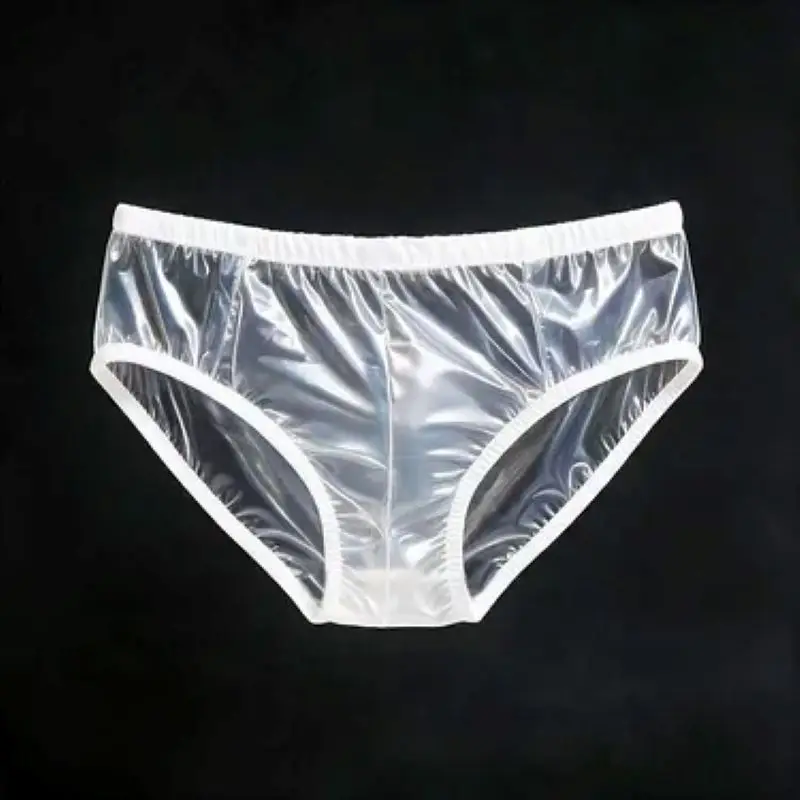 Men's Sexy Glossy Sheer PVC Briefs, Silent Waterproof Stain Resistant Underwear, Soft Shiny Convex Pouch Close-fitting Panties