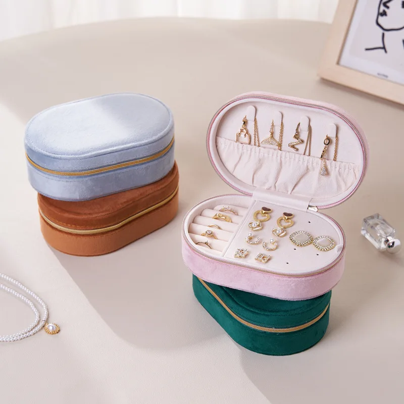 

Portable Fashionable Mini Jewelry Storage Box Multi-Function Necklace Earring Bracelet Storage Case Velvet Material Casual Style