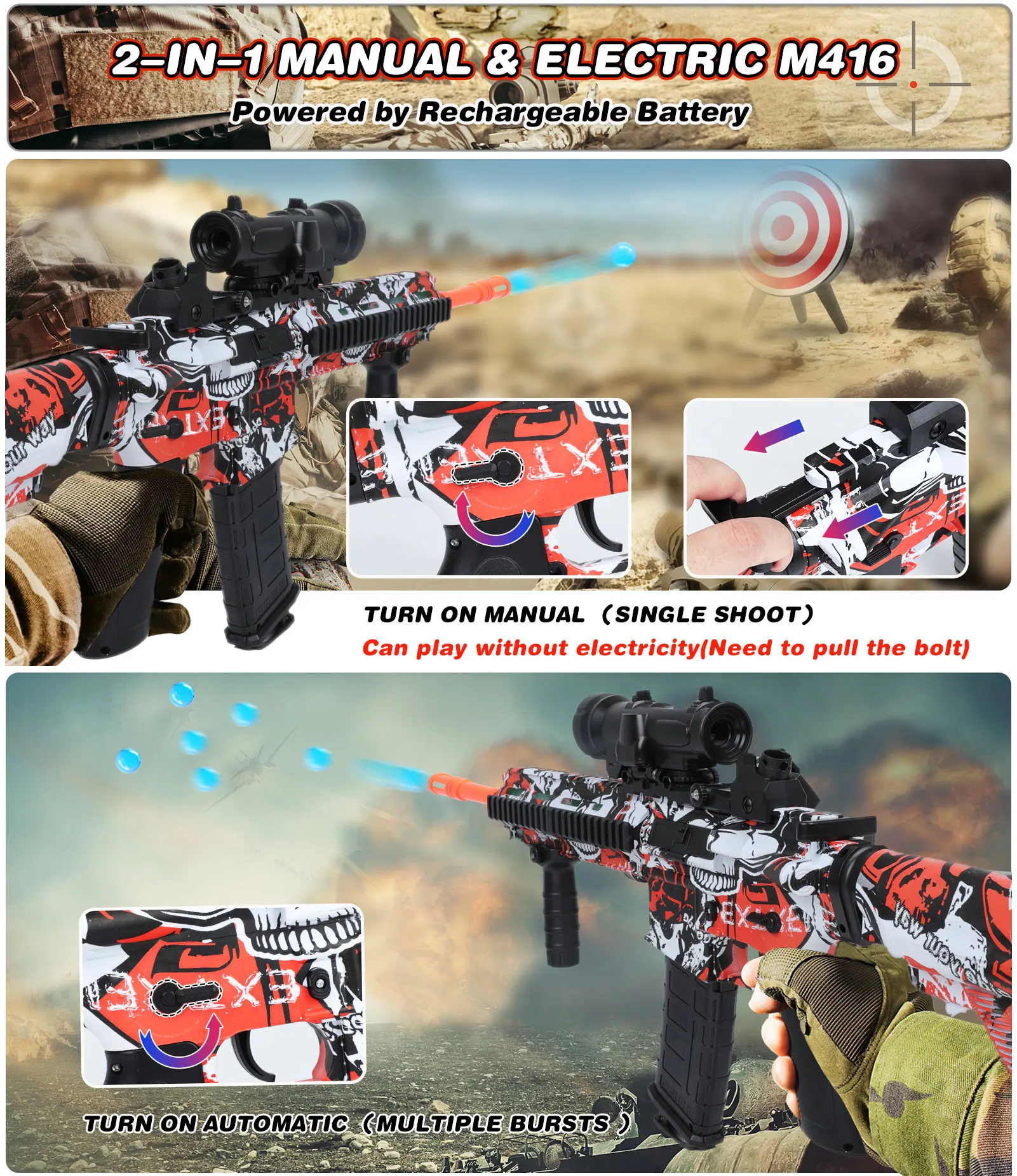 Pistola eléctrica de chorro de bolas de gel, modos automáticos/manuales, pistola de bolas de salpicaduras M416 con gafas y 40000 cuentas de agua no tóxicas