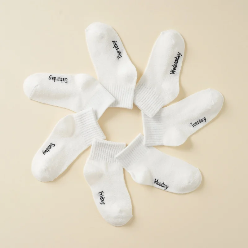 7 pairs of spring and summer thin short socks for boys and girls, simple, soft, comfortable, pure white mid calf socks view 5
