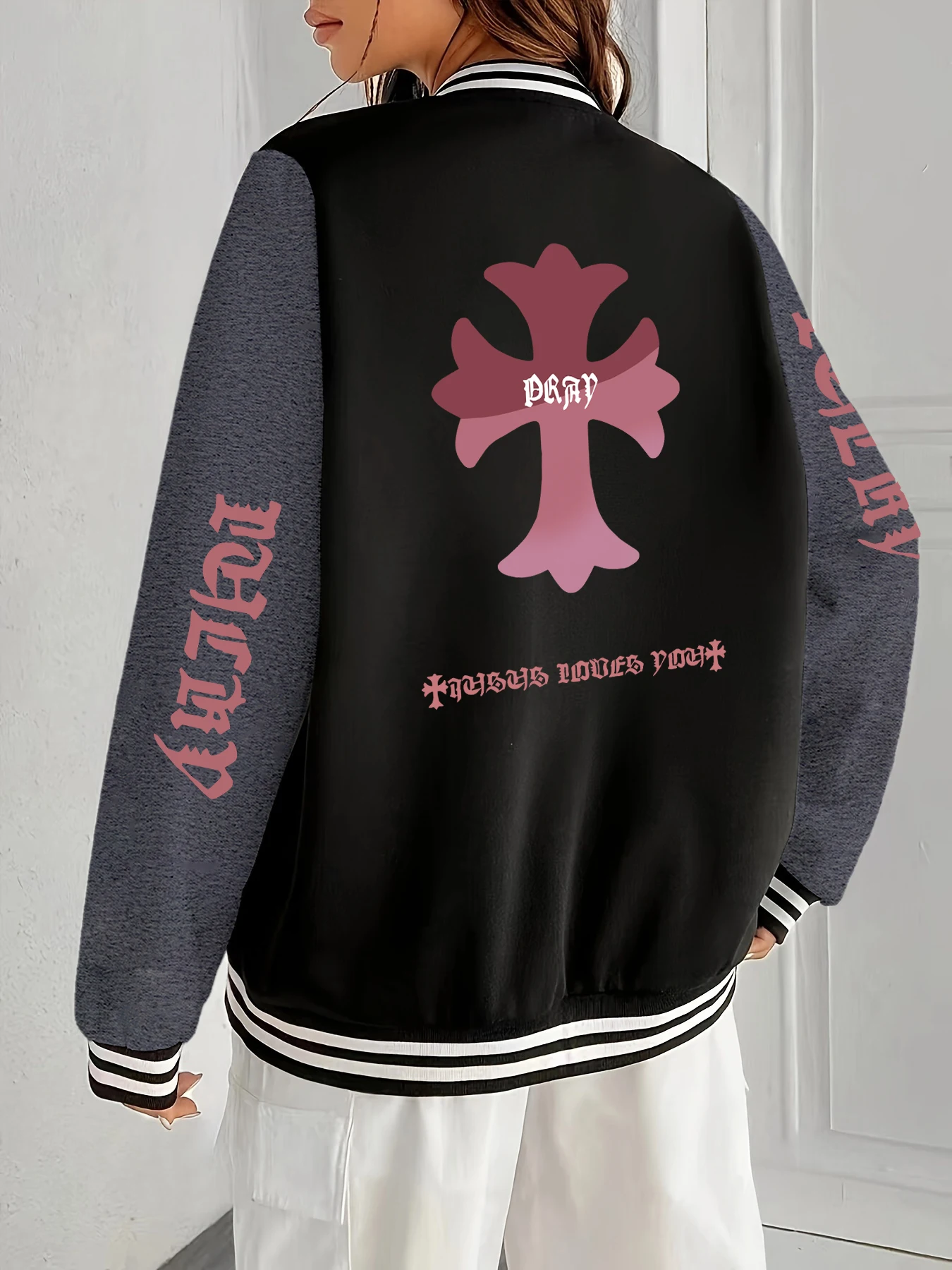 

Cross Personalized Cuff Design Female Jackets Hip Hop Loose Streetwear Warm Sport Jacket Autumn Street Baseball Uniform Woman