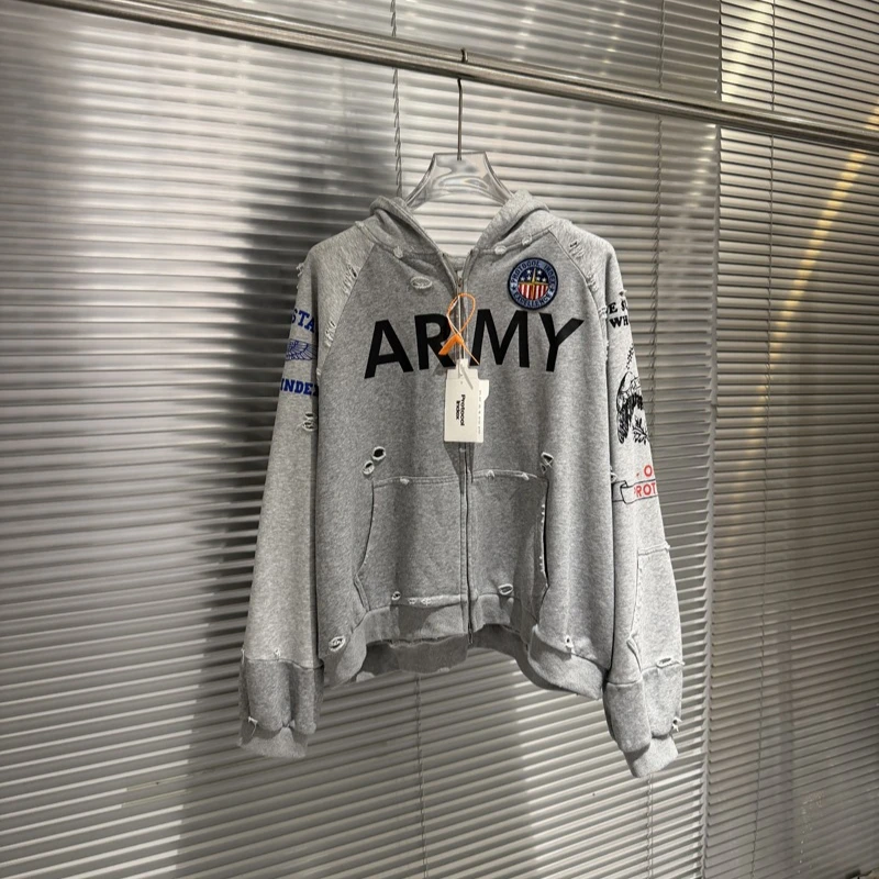 2026ss Protocol Patchwork Hoodie Vintage Hip Hop Damaged Cardigan Sweatshirts Men Women Hooides