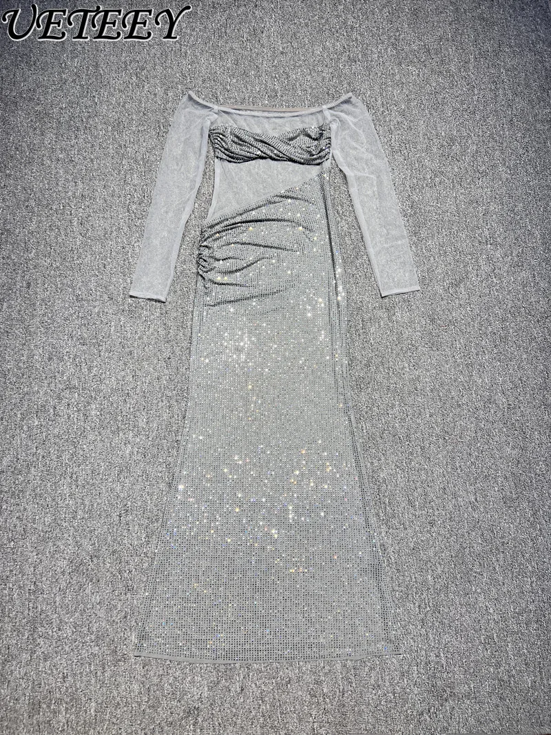 Boutique Fashion Hot Diamond Sexy Off-Schulter Langarm Abendkleid Temperament Hohl Schlank Lange Fischschwanz Party Kleider