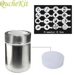 Flour Salt Sifter Sugar Condiment Bottle Containers Chocolate Powder Shaker+16Pcs Coffee Stencils Template Duster Spray Coffee