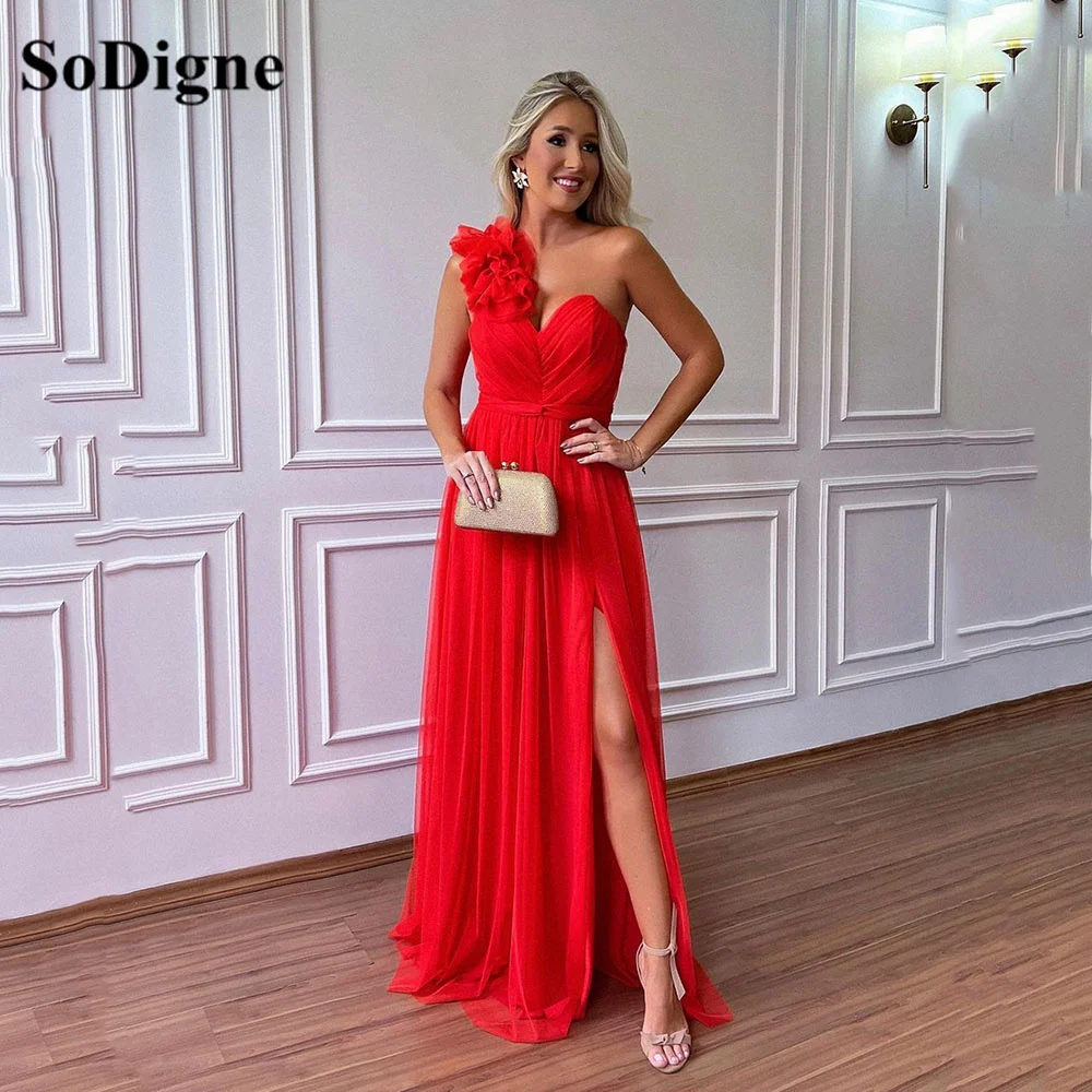 

SoDigne Red One Shoulder Pleat Evening Dresses For Brides Side Split Formal Dresses Long wedding Party Dress vestido de festa