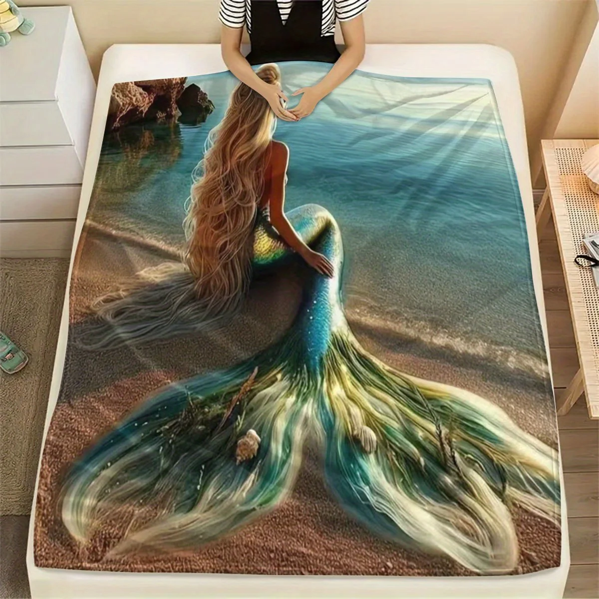 Dreamy Fantasy Long‑hair Mermaid On Sandy Beach Coastal Sea View Marine Landscape Pattern Flannel Blanket Warm Cozy Printed