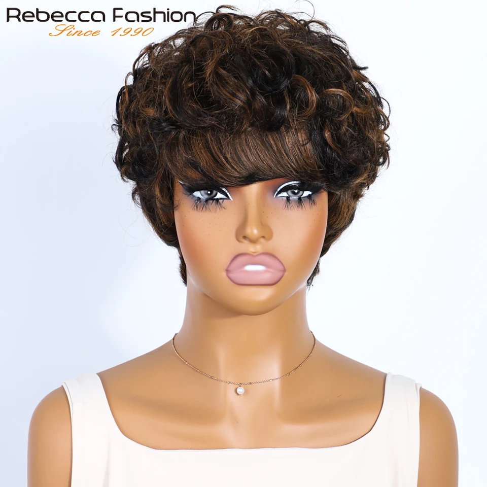 

Highlight Brown P1B/30 Short Pixie Cut Curly 100% Human Hair Wig Brazilian Remy Hair Colored Full Machine Wigs Easy Wear