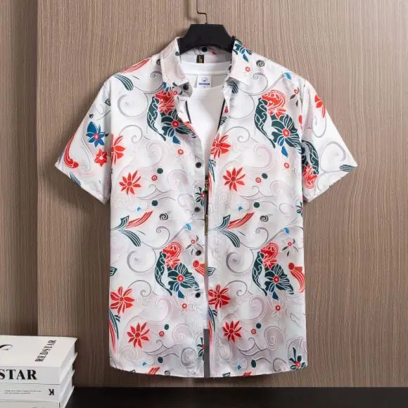 

Short-sleeved Men's Shirt Thin Beach Loose Chiffon Casual Printed Top