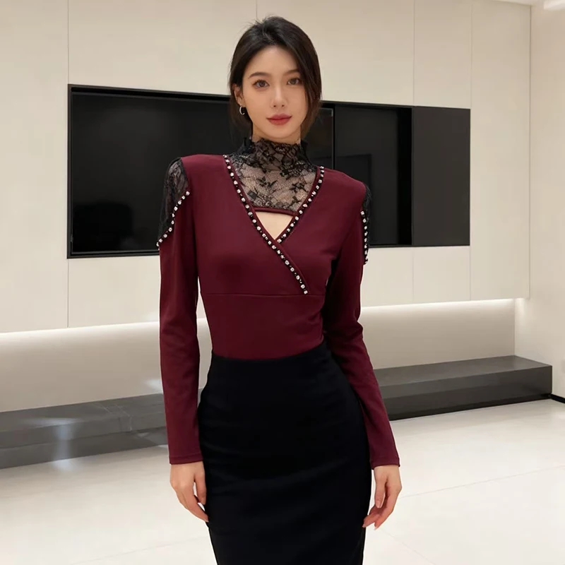 2026,European,Clothes,Cotton,T-Shirt,Fashion,Sexy,V-Neck,Patchwork,Lace,Mock Neck,Women,Tops,Long Sleeve,All Match,Tees,511009