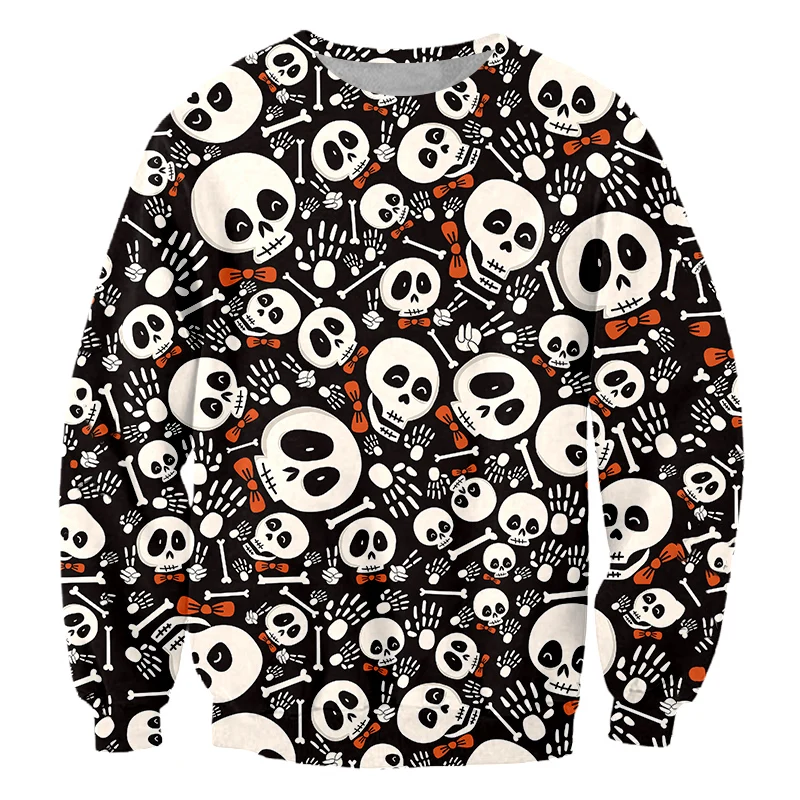 

3D Funny Cartoon Skull Sweater Men Women Autumn Long Sleeve Crew Neck Holiday Party Sweatshirt Couple Christmas Top Oversized