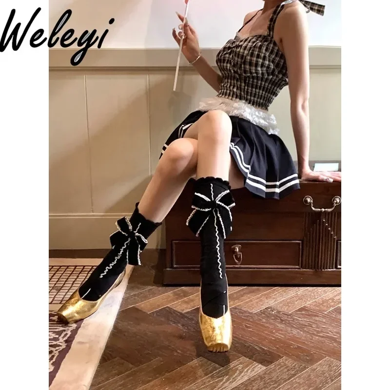 

Jirai Kei Y2k Lolita Black Big Bow Medium Tube Socks Women's Clothing Sweet and Versatile Goth New Handmade Mine Chic Calf Sock