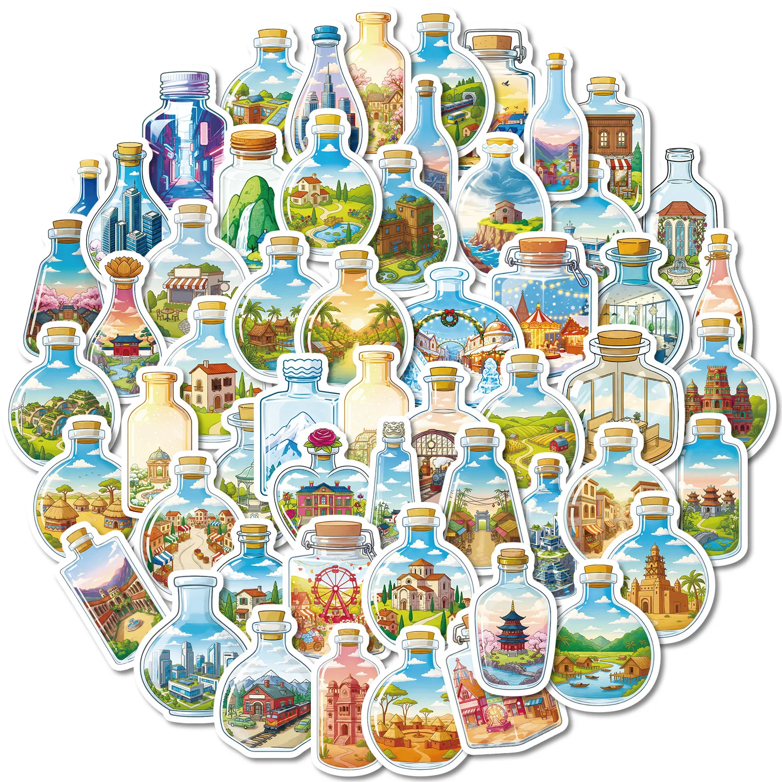 10/56PCS World in a Bottle Cartoon Stickers Architectural Landscape Graffiti Decoration DIY Toys Laptop Guitar Car Bike Decals