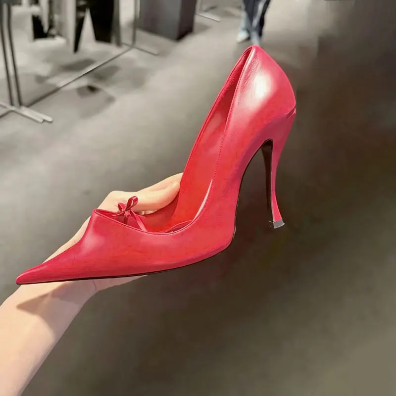 

European AndAmerican Women's Sexypointed Thinhigh-heeled Temperament Imperial Style Singleshoes 2026red Shallow Bowbanquet Shoes