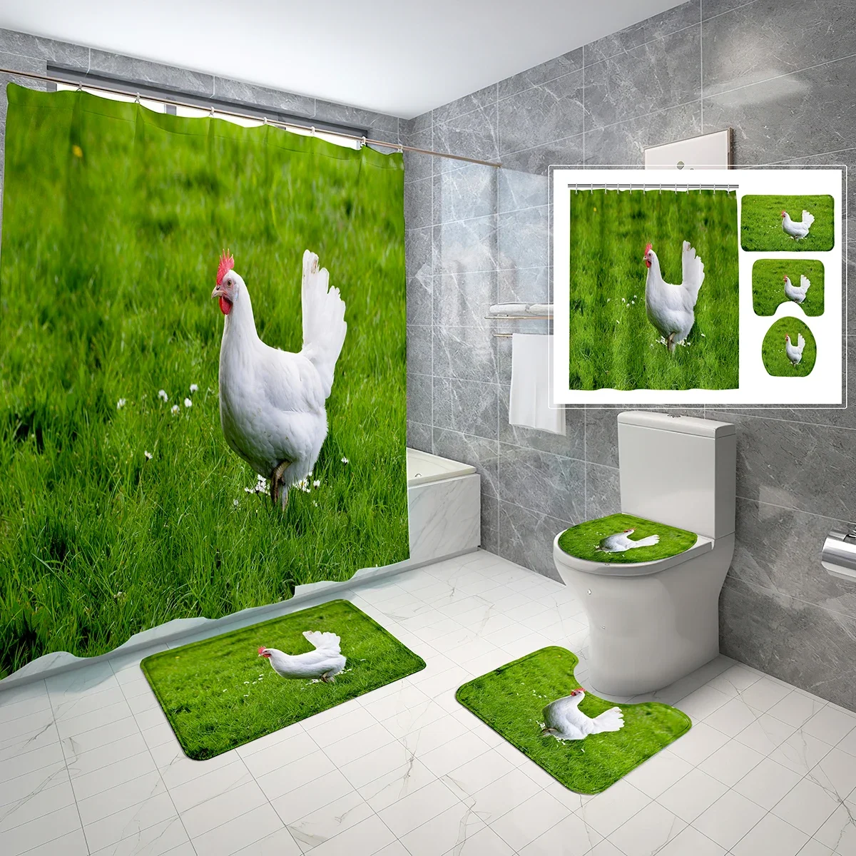 4 PCS Chicken Theme Shower Curtain Sets,Farm Cute Animal Bathroom Waterproof Bath Curtain,Non-Slip Bath Mat Toilet Lid Cover