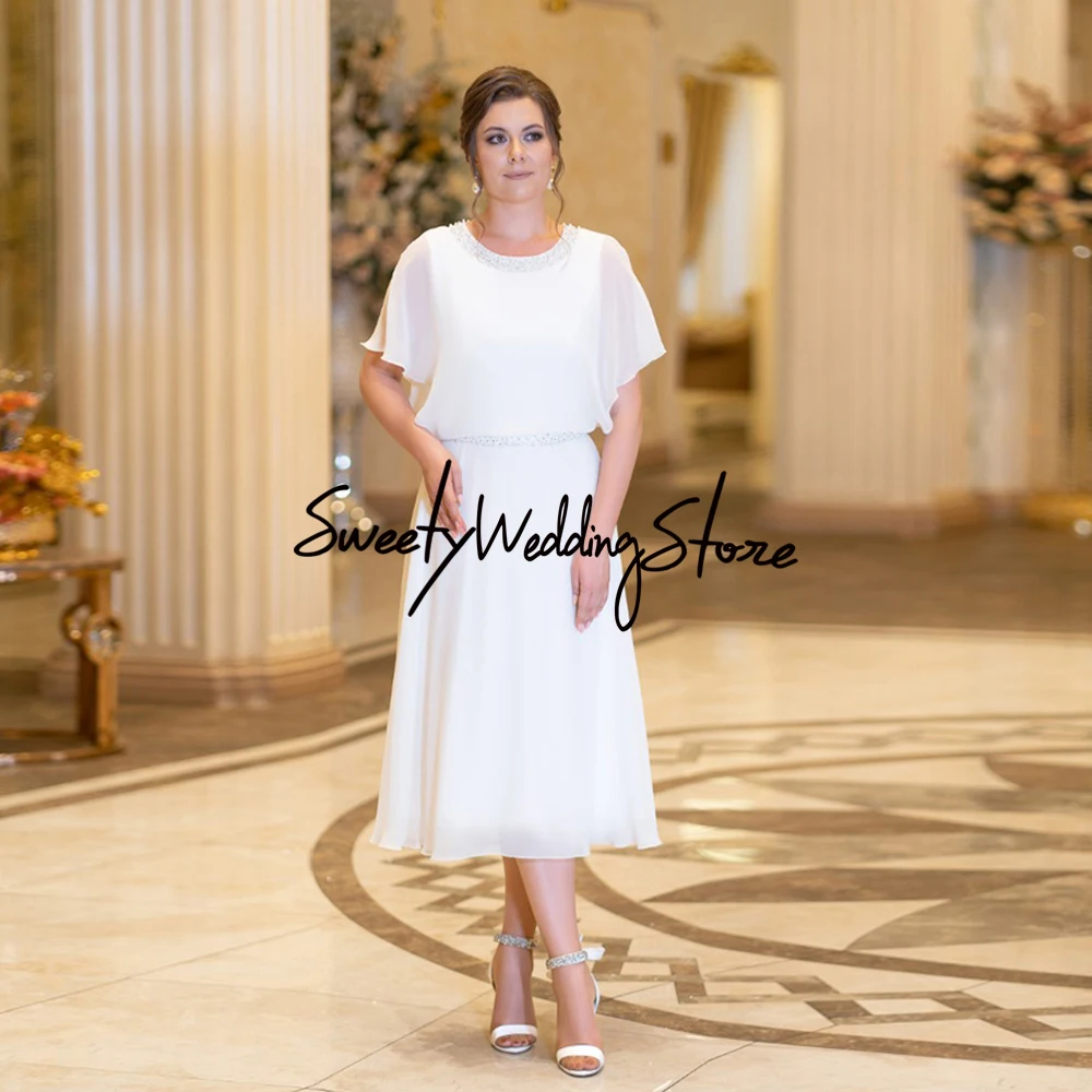 

Chiffon Mother of The Bride Dress O Neck Batwing Sleeves Beading Sequin Tea Length A Line Custom Plus Size Wedding Guest Gown