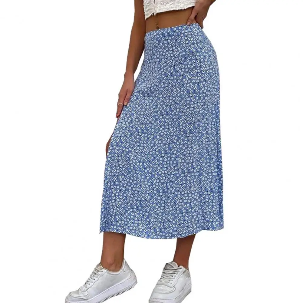 

Trendy Women Long Skirt High Split Swing Elegant Floral Print Ladies Summer Skirt S to XL Women Casual Skirt Daily Wear