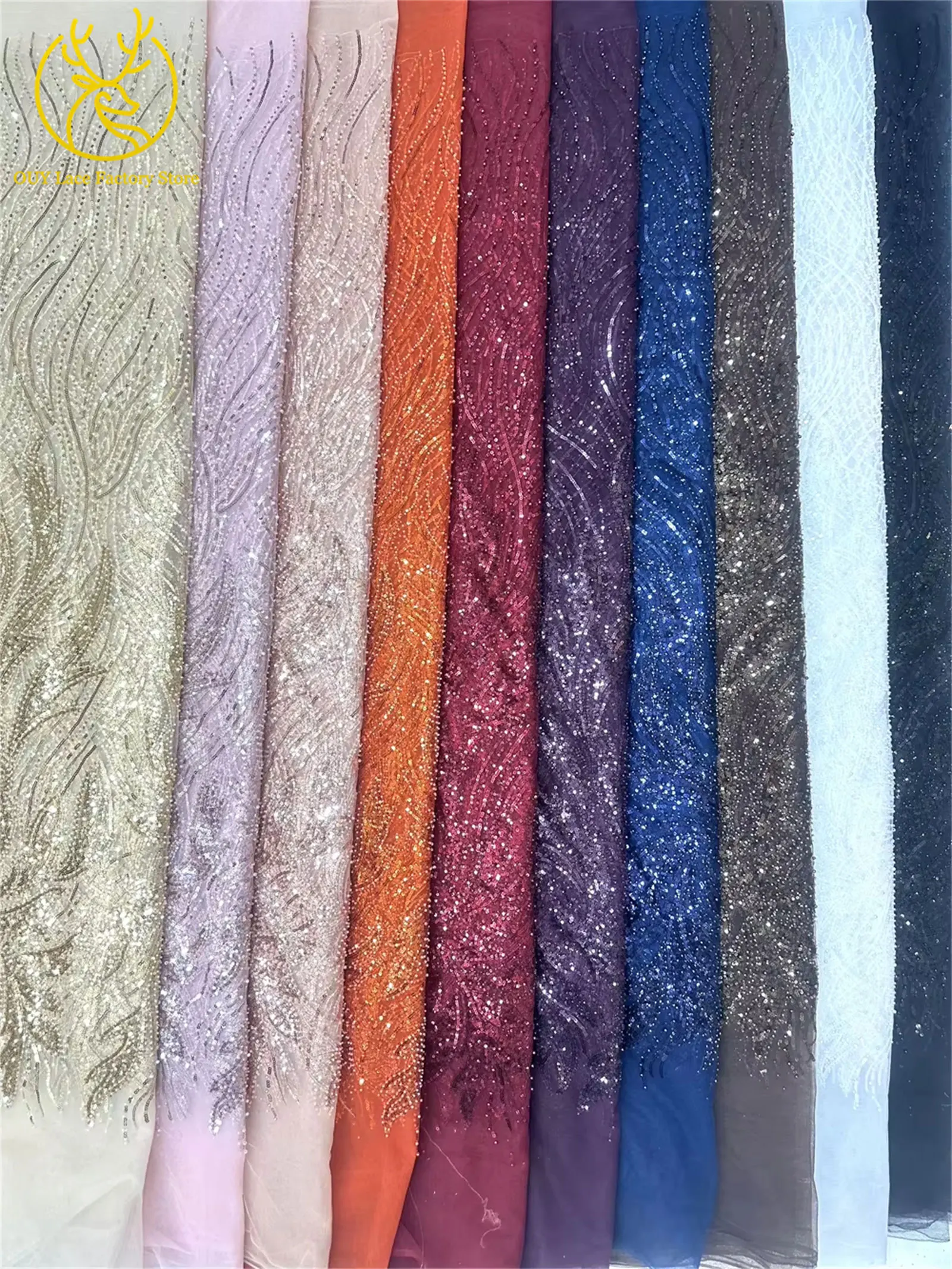 Luxuriöser Afrikanischer Bräutigam Perlenverzierter Tüll-Spitzenstoff Goldene Französische Pailletten-Spitze 5 Meter Nigerianischer Stoff für Brautkleider – Detail 3