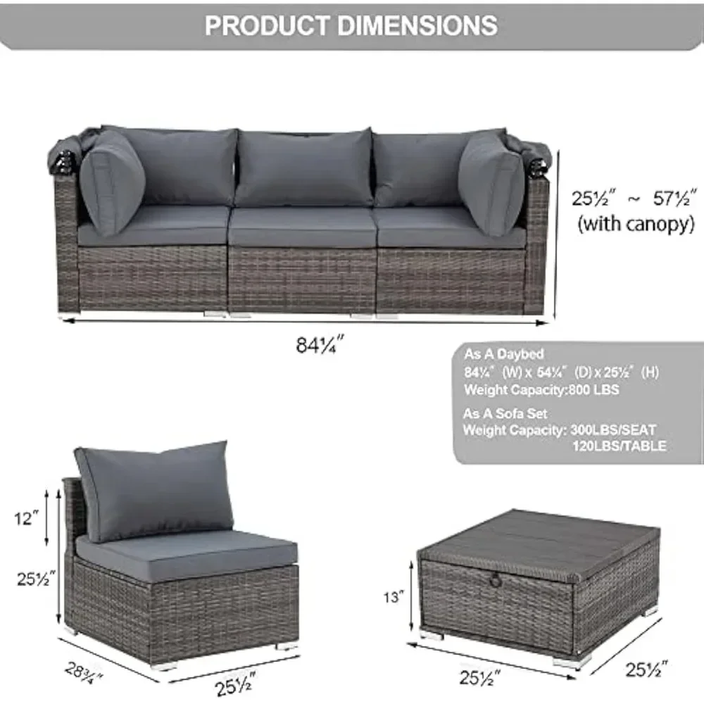 6 Pieces Patio Furniture Sets, Rattan Daybed with Retractable Canopy, Outdoor Sectional Sofa Set with Adjustable Backrest