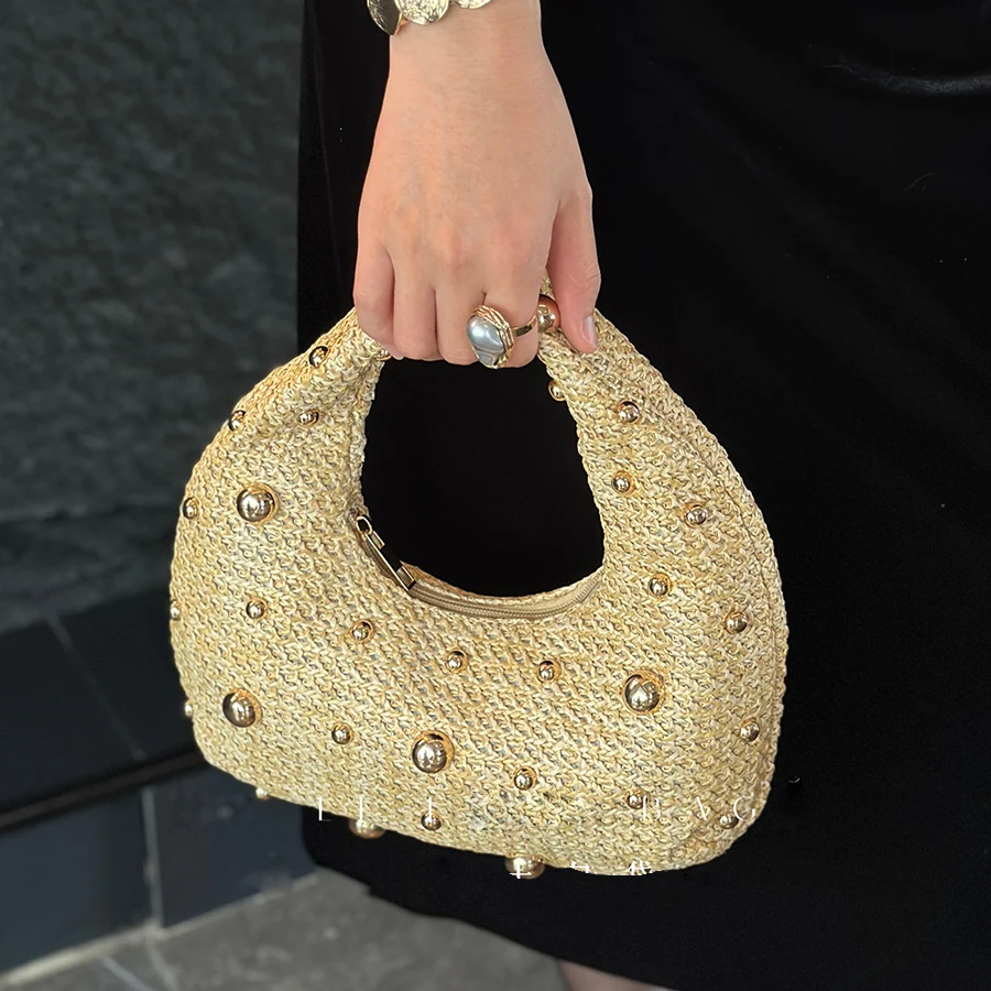 Boho Beaded Straw Handbag Elegant New Moon Clutch Purse Summer Beach Woven Tote Women's Rattan Evening Bag For Wedding Daily Sac