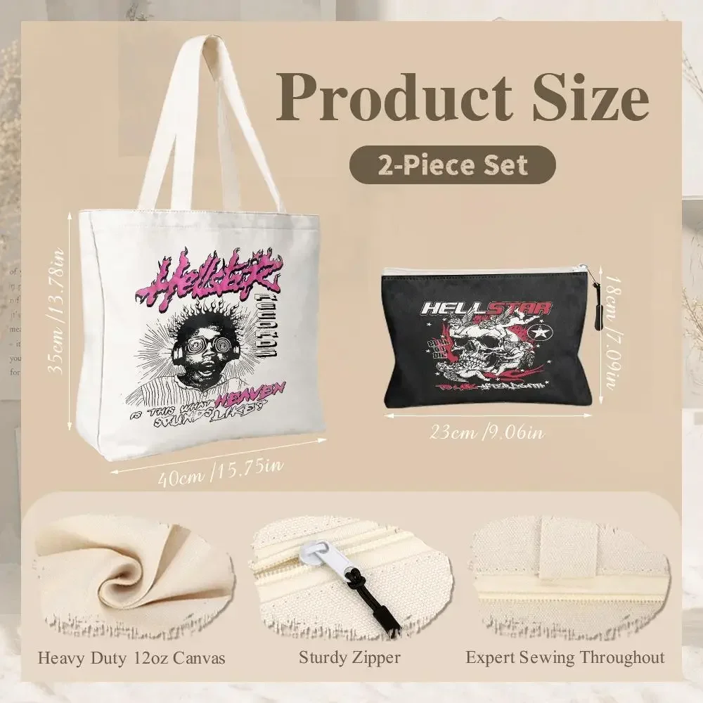 H-HellstarS Storage Bags 2PC Canvas Tote Bag Set with Zipper Handbags Makeup Pouch Set Travel Bag view 5