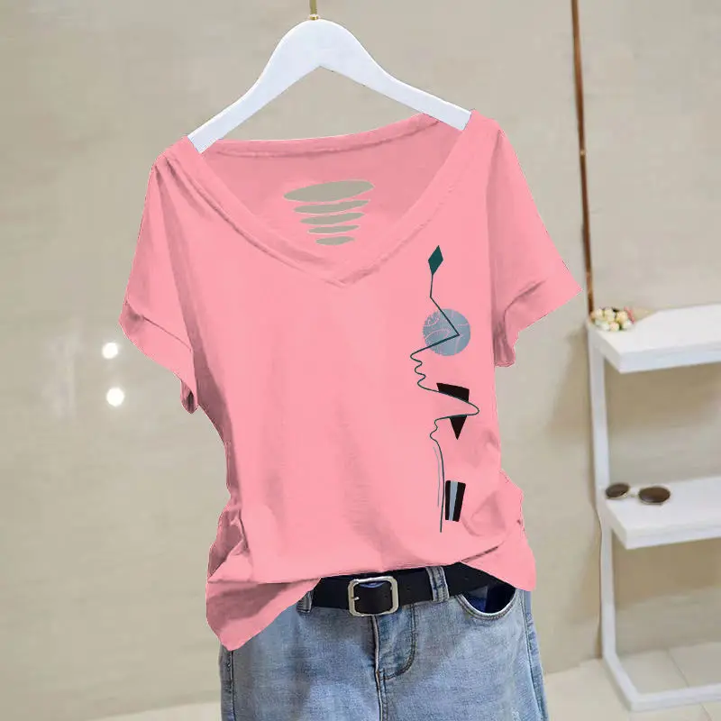 2023 Summer New Cotton T-Shirts Women Solid Color Printing V-neck Short Sleeve Tees Fashion Loose Casual Hollow Out Pullovers