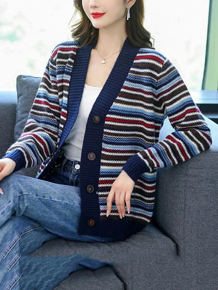 

Vintage Striped Knit Cardigan Slim Elegant Knitwears Coat Casual Soft Malhas Casaco V-neck Tops Jackets Woman Sweater Gilet PH70